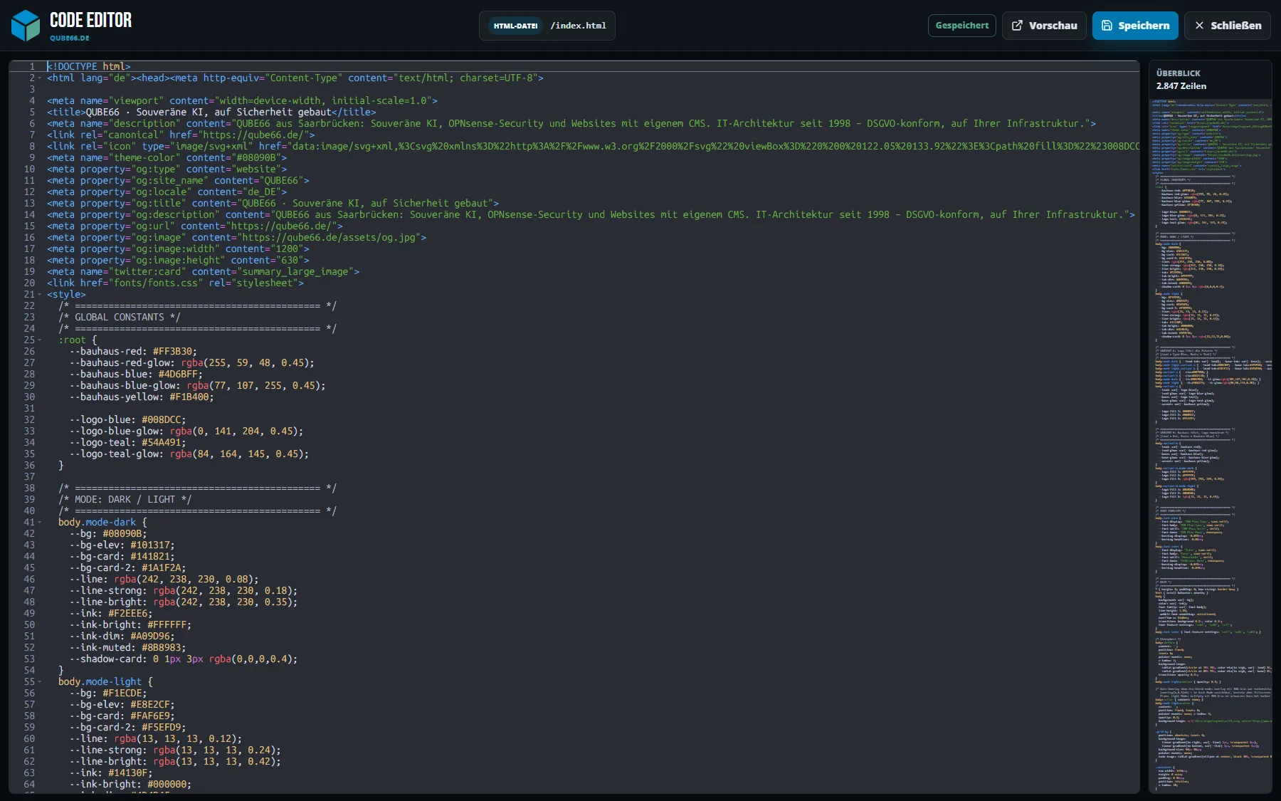 Code-Editor im Browser mit Syntax-Highlighting und Datei-Überblick der index.html